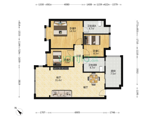 丽景名城 3室1厅2卫 92平方