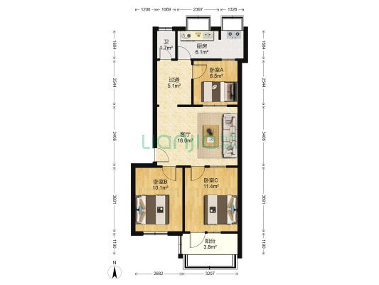 虎山小区147号 3室1厅1卫 78平方