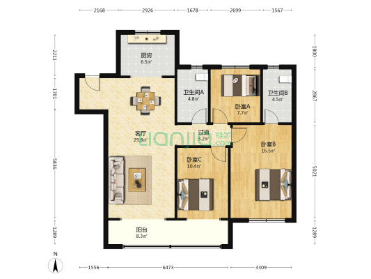 朱瑾台 3室1厅2卫 128平方