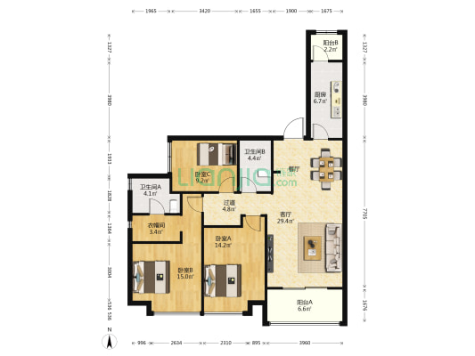 万科金域国际二期 3室1厅2卫 124平方