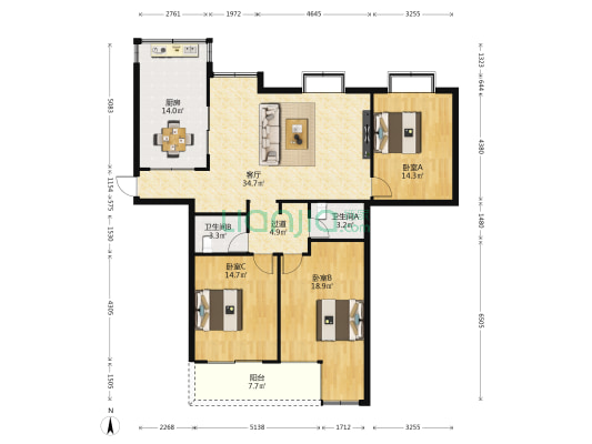 建荣公寓 3室1厅2卫 132平方
