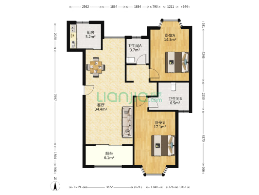 阳光家园 2室1厅2卫 113平方
