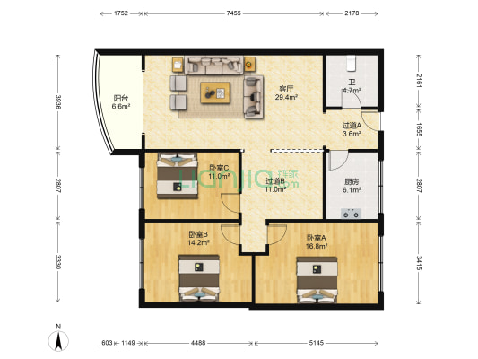 翠湖园 3室1厅1卫 128平方