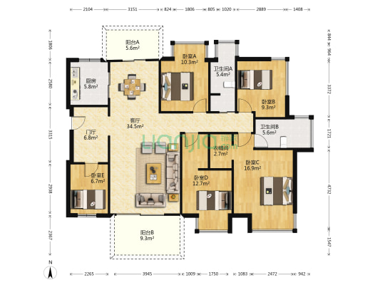 中铁云景山语城 5室1厅2卫 143平方