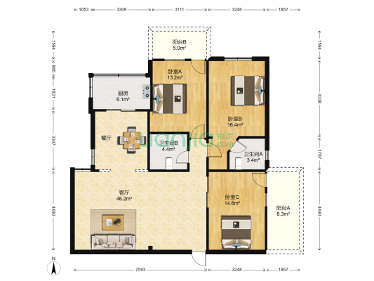 迎宾苑 3室1厅2卫 131平方