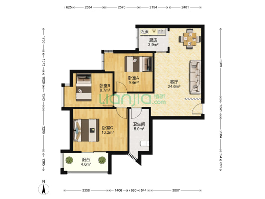 F、空港中心城 3室1厅1卫 93平方