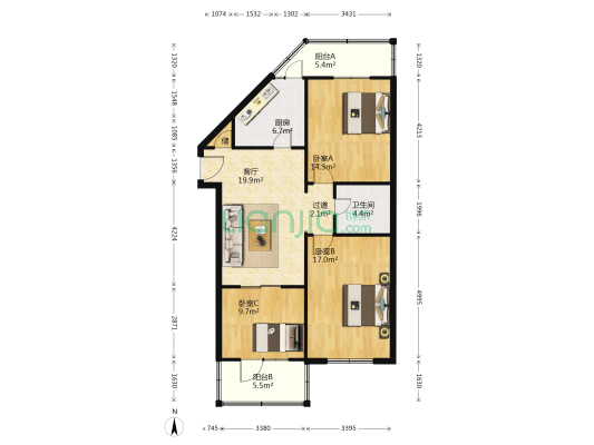 军星辅城 3室1厅1卫 105平方
