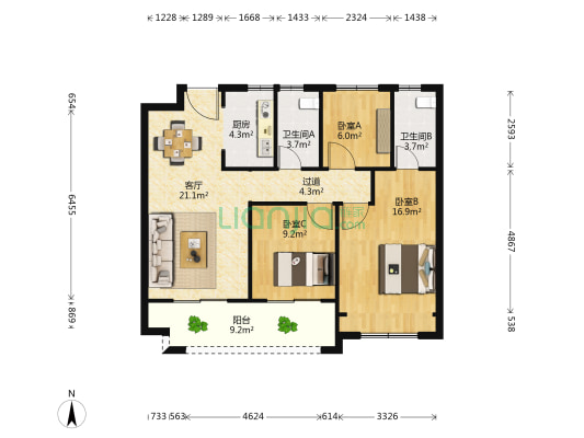 紫城悦澜湾 3室1厅2卫 97平方