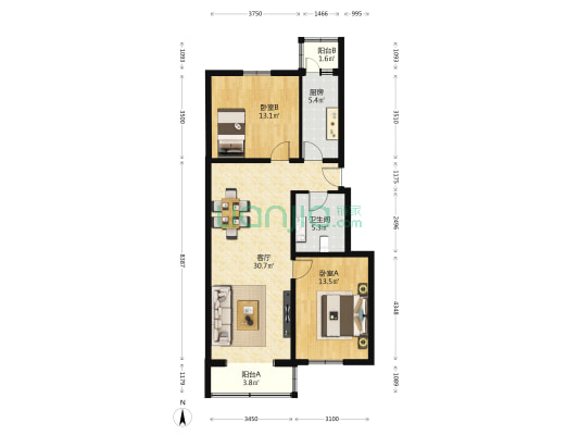 五里店北里二区 2室1厅1卫 91平方
