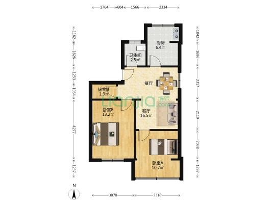 莫干山路613号 2室1厅1卫 63平方