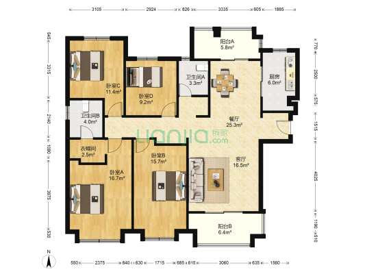 置地华庭 4室2厅2卫 168平方