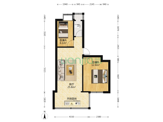 昆明市玻璃工艺厂宿舍 2室1厅1卫 44平方
