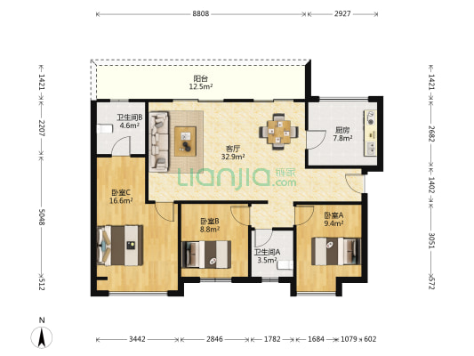 东城1号 3室1厅2卫 115平方