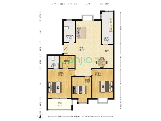 东庭公寓 3室1厅2卫 119平方