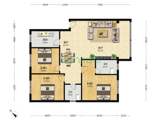 华夏教师村 3室2厅2卫 119平方