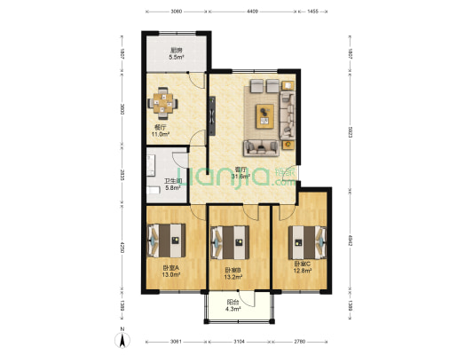 五处家属楼 3室2厅1卫 116平方