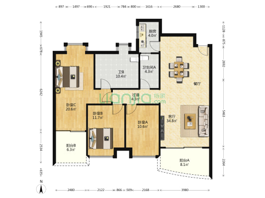 都市雅筑 3室1厅2卫 129平方