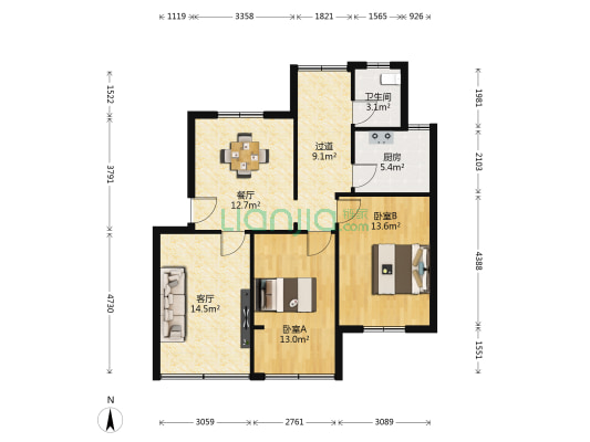 解放路人防家属院 2室2厅1卫 85平方