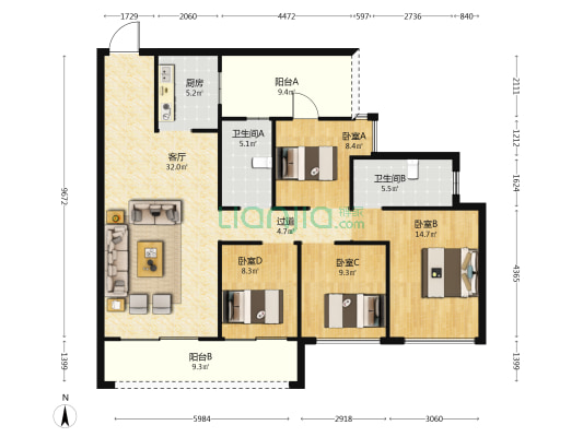 华润九悦·幸福里 4室1厅2卫 129平方