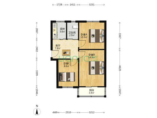 杏花街1幢 3室1厅1卫 66平方