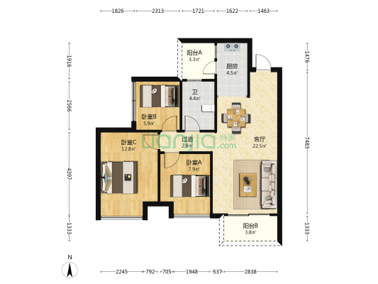奥园丽景花园 3室1厅1卫 85平方