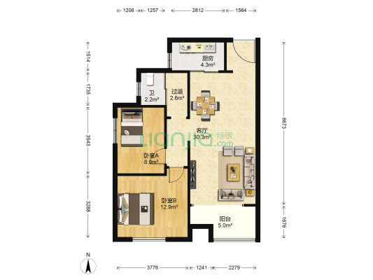 万博汇名邸二期 2室1厅1卫 91平方
