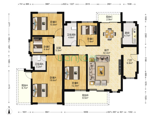 金港湾 5室1厅2卫 156平方