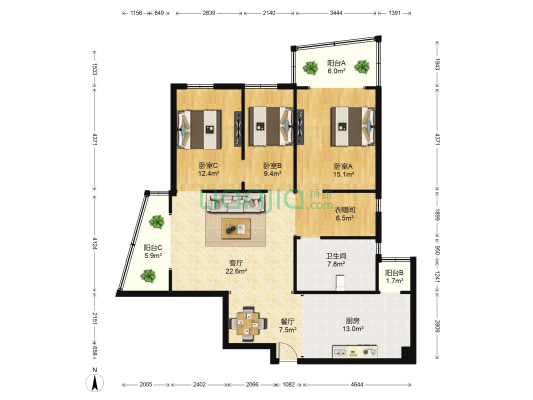 国际广场(卢湾) 3室2厅1卫 153平方