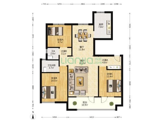 金大地·天泰城 3室2厅2卫 128平方