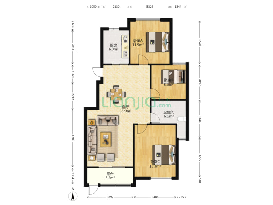 东晶佳园 3室1厅1卫 107平方