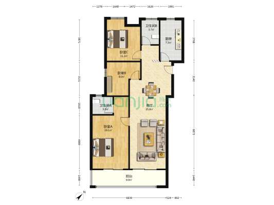 武建龙樾上城 3室1厅2卫 120平方