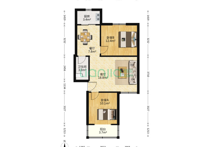 2室2廳1衛75.95㎡-北京雙陽南區戶型圖