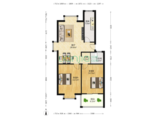 白云南区 2室1厅1卫 90平方