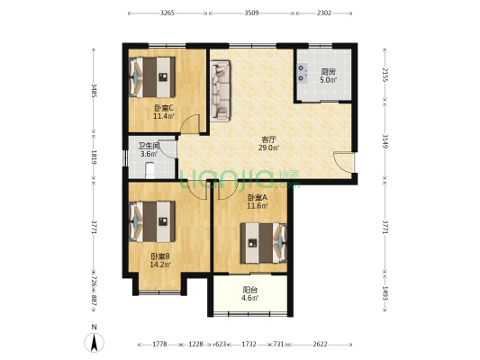 金葡萄家园B区(太原路) 3室1厅1卫 110平方