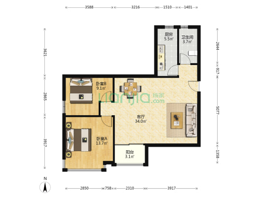 颐景轩 2室1厅1卫 88平方