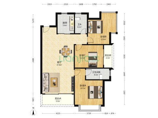 铭德华景苑南区 3室1厅2卫 119平方