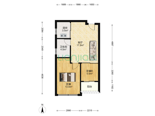 翡翠山国际公寓 2室1厅1卫 59平方