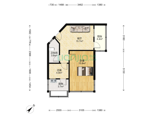 六里屯168号院 1室1厅1卫 53平方
