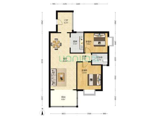 磊鑫嘉苑 2室1厅1卫 89平方