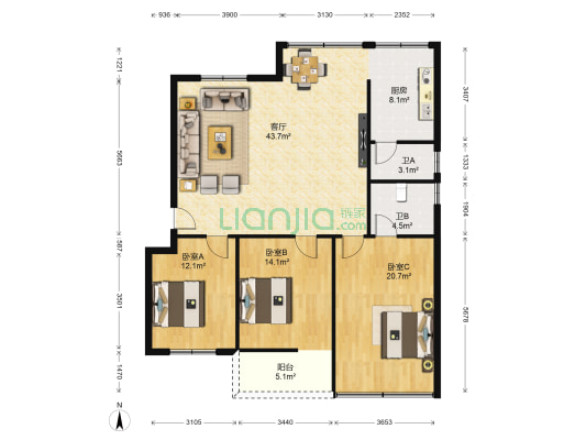 海鸿广场 3室1厅2卫 123平方