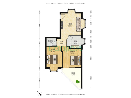 故宫小区 2室1厅1卫 69平方