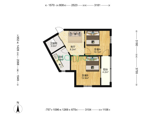 东围墙 2室1厅1卫 52平方