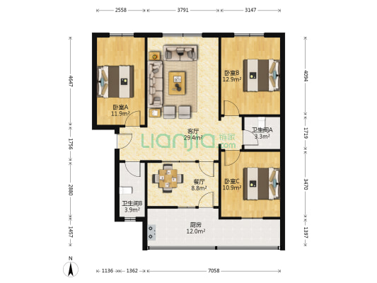 城北下街34号 3室2厅2卫 104平方