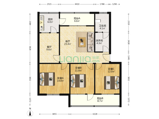 眼明泉小区 3室2厅2卫 124平方