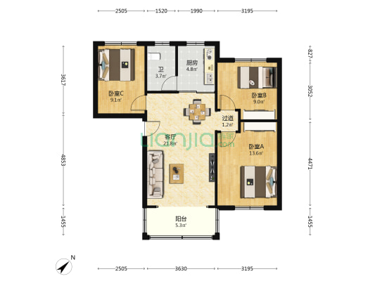 聚贤园（昌平路225号） 3室1厅1卫 82平方