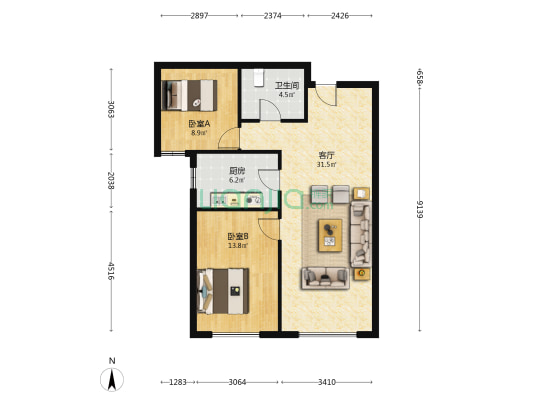 南向大两居室，格局方正，业主诚意出售-户型图