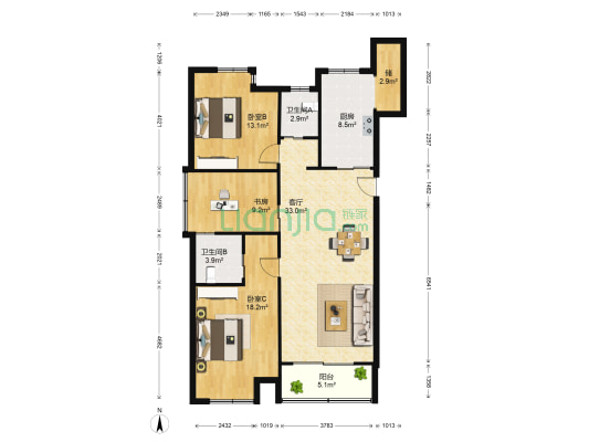世茂国际广场 3室1厅2卫 132平方