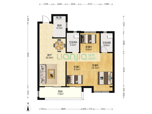 华润中城昆仑御 3室1厅2卫 105平方