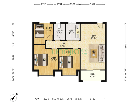 仁恒城市星徽B区 3室1厅1卫 89平方