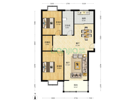 福基紫景园 2室2厅1卫 110平方